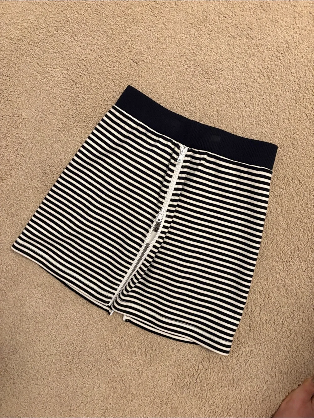 kate spade navy mini skirt with cream & gray stripe detail